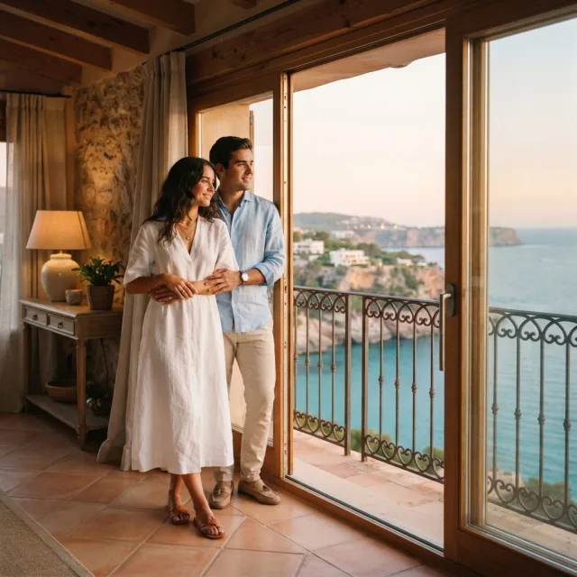 Una pareja joven observa un atardecer mediterráneo desde un balcón elegante, evocando la elección del destino ideal para su luna de miel.