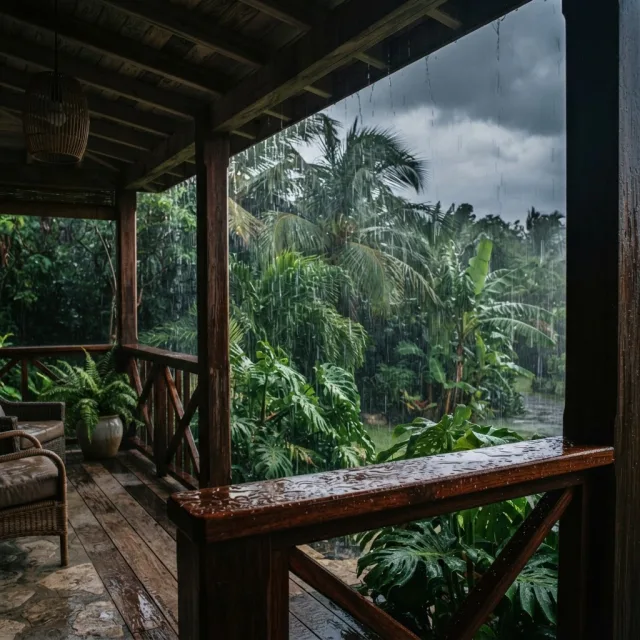 Vista desde una elegante terraza de madera hacia un jardín tropical bajo una lluvia intensa y un cielo grisáceo.