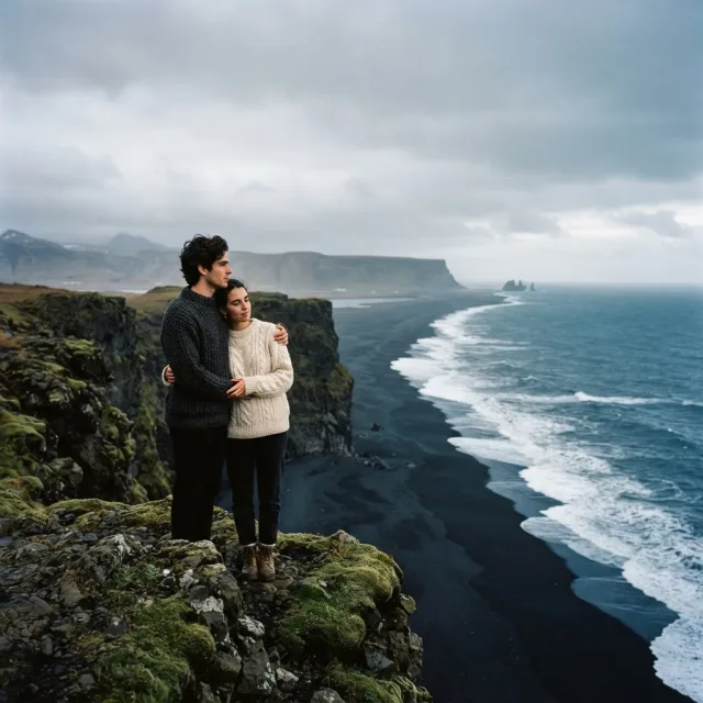 Una pareja joven contempla un paisaje dramático de acantilados negros y mar en Islandia bajo un cielo nublado.
