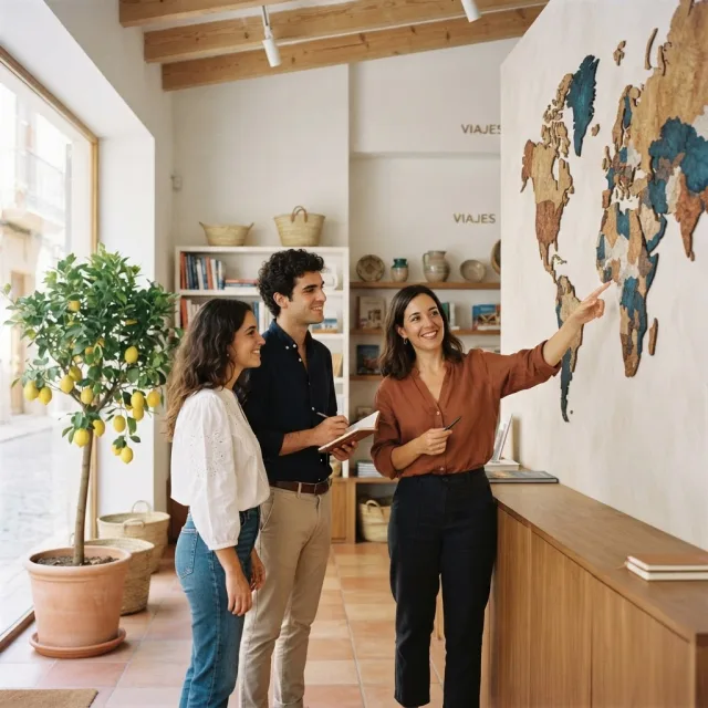 Una pareja joven y una profesional conversan frente a un gran mapa decorativo en una agencia de viajes luminosa y moderna.