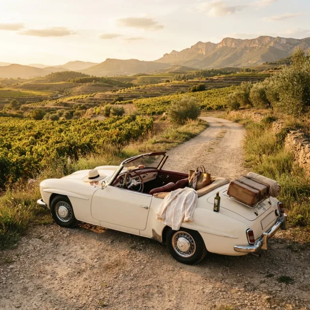 Coche clásico descapotable blanco con maletas aparcado en un camino rural entre viñedos bajo la luz cálida del atardecer.