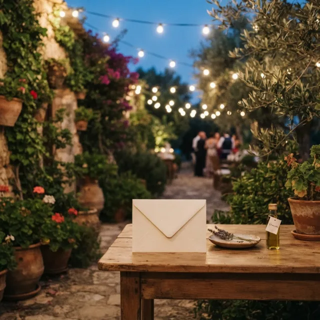 Un sobre blanco sobre una mesa de madera en un jardín iluminado con guirnaldas de luces durante una celebración de boda nocturna.