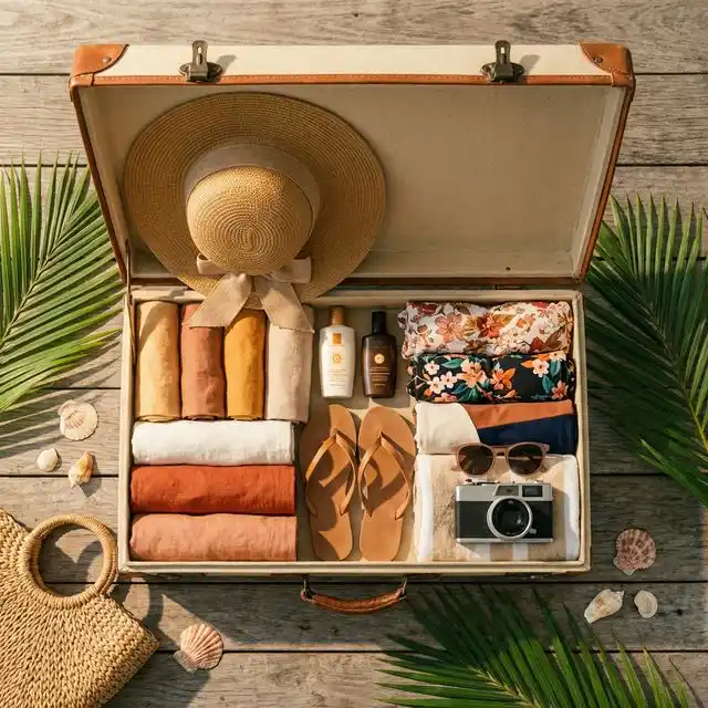Maleta de playa con bañador y sandalias