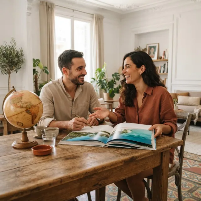 Pareja joven sentada a una mesa de madera planificando su viaje con un globo terráqueo en un salón luminoso.