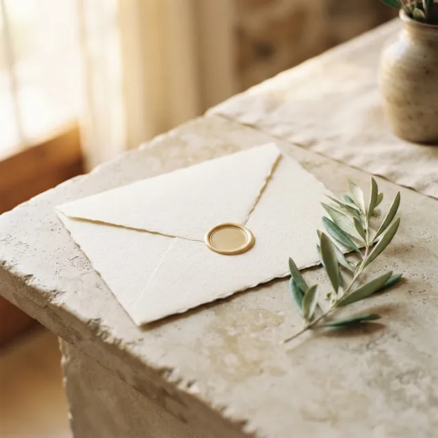 Sobre de papel artesanal crema con sello de lacre dorado y una rama de olivo sobre piedra clara bajo luz cálida.