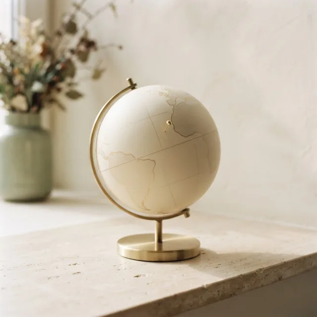 Globo terráqueo minimalista en tonos crema y dorado sobre una superficie de piedra clara, iluminado por luz natural cálida.
