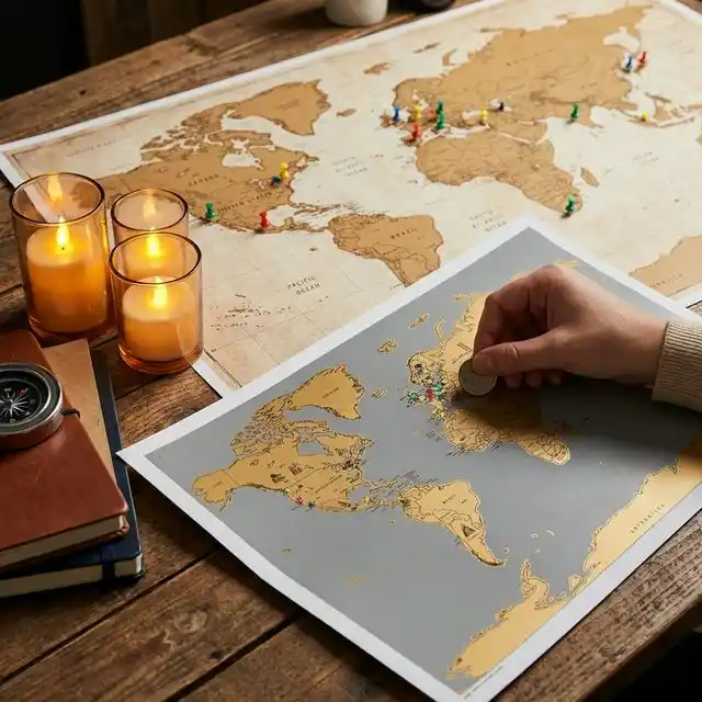 Mapa del mundo con destino marcado